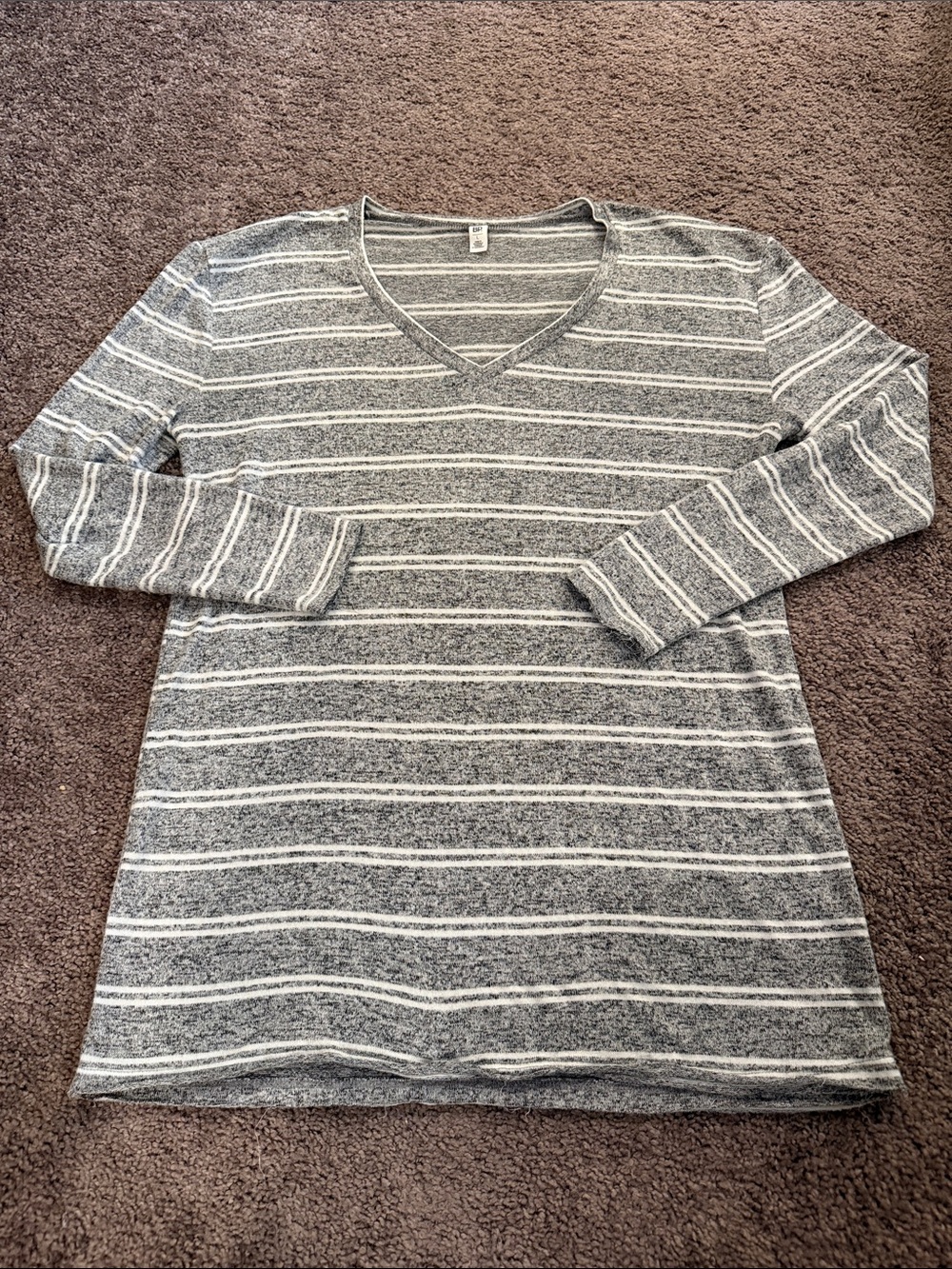 bp Gray and White Striped V-Neck Long Sleeve Top